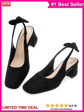 Women's Faux Suede Slingback Pumps Square Toe Low Block Heel Bow Formal Heels